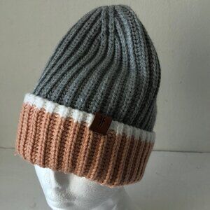 Frye Knitted Beanie Hat Colorblock Dusty Pink Grey White 66-68